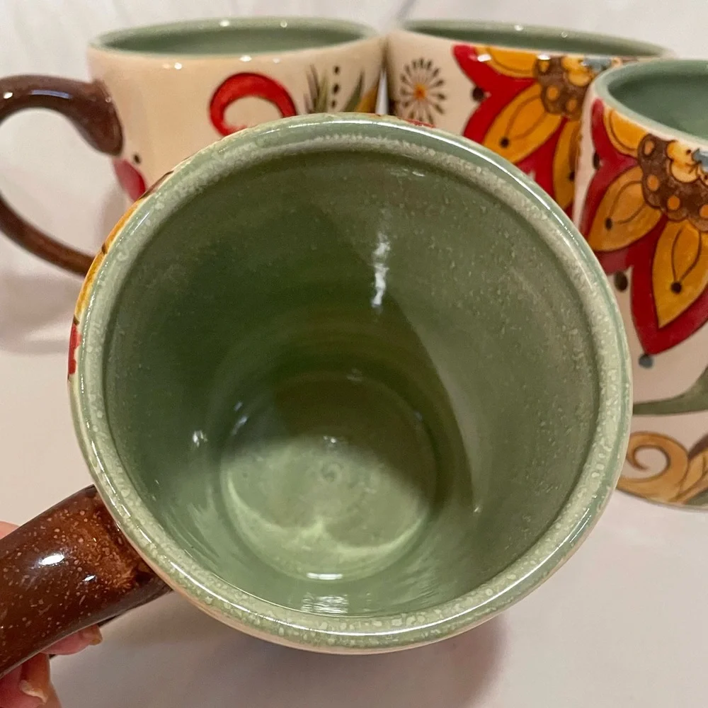 Pier 1 Carnthum Porcelain Coffee Mug Set with Green Interior and Brown Handles